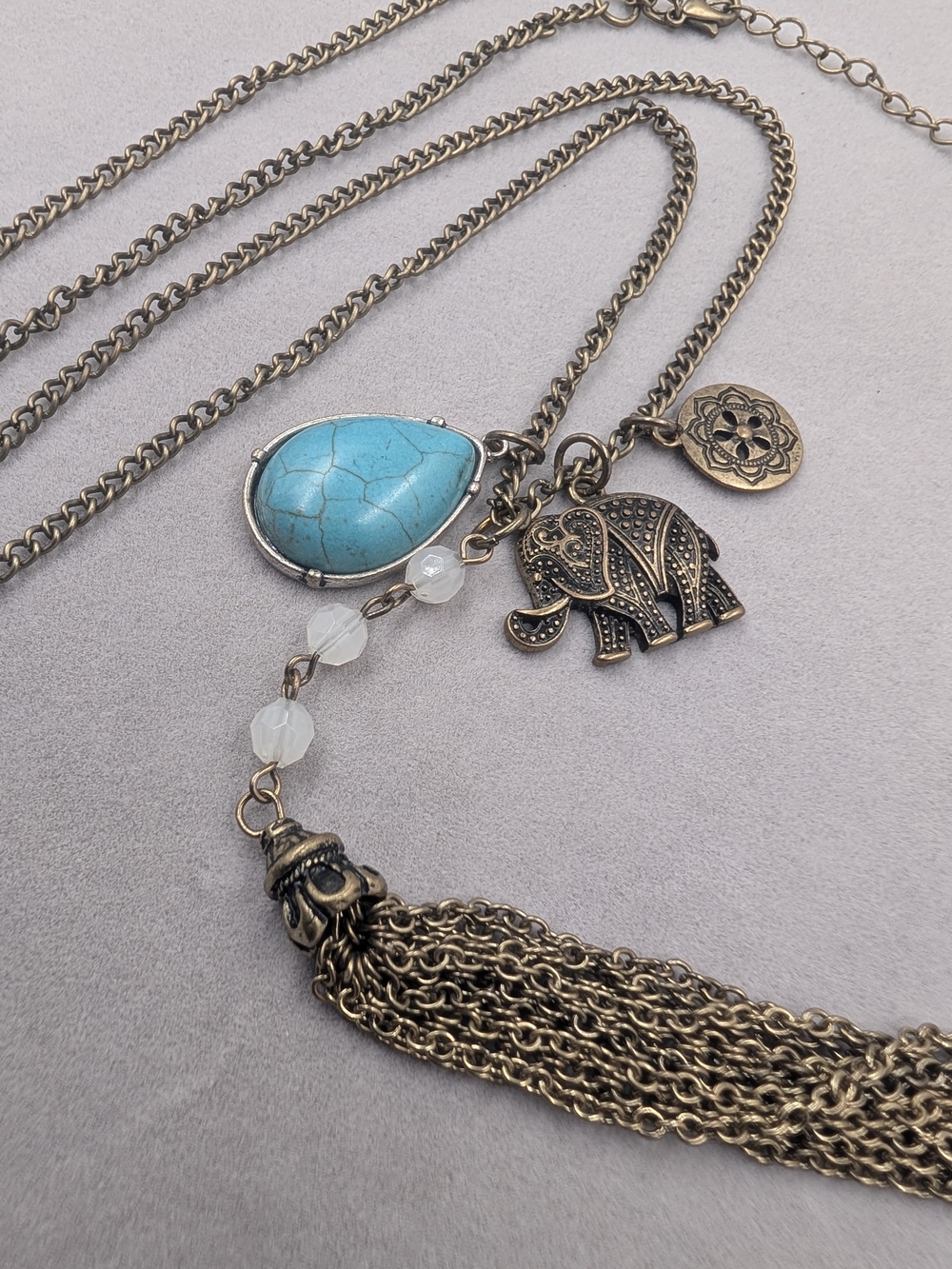 Boho Elephant Turquoise Tone Stone Tassel Statement Necklace 0810 - Picture 4 of 6